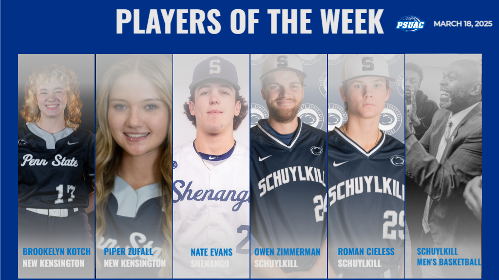 PSUAC Players of the Week for March 18th are, from left: Penn State New Kensington's Brookelyn Kotch, Penn State New Kensington's Piper Zufall, Penn State Shenango's Nate Evans, Penn State Schuylkill's Owen Zimmerman, Penn State Schuylkill's Roman Cieless, and Penn State Schuylkill's men's basketball team.