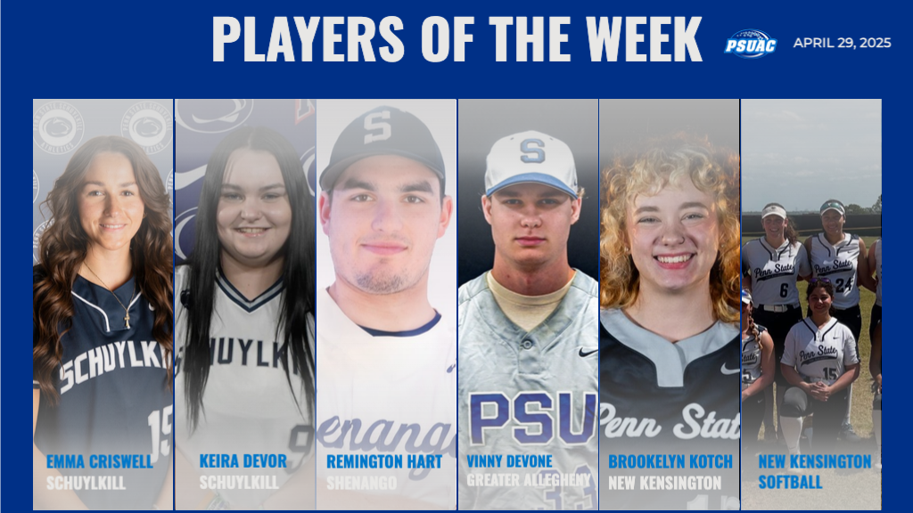 Six Receive PSUAC Weekly Honors, including, from left: Penn State Schuylkill's Emma Crisswell, Schuylkill's Keira Devor, Penn State Shenango's Remington Hart, Penn State Greater Allegheny's Vinny DeVone, Penn State New Kensington's Brookelyn Kotch, and New Kensington Softball.