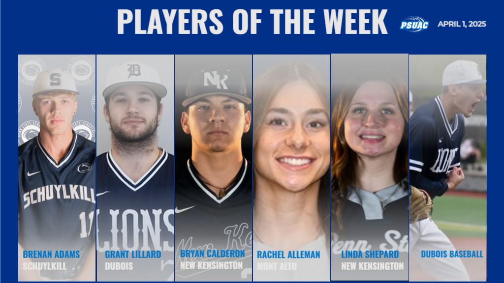 PSUAC Players of the Week announced on April 1, 2025, include, from left: Penn State Schuylkill's Brenan Adams; Penn State DuBois' Grant Lillard; Penn State New Kensington's Bryan Calderon; Penn State Mont Alto's Rachel Alleman; Penn State New Kensington's Linda Shepard; and Penn State DuBois' Baseball team.