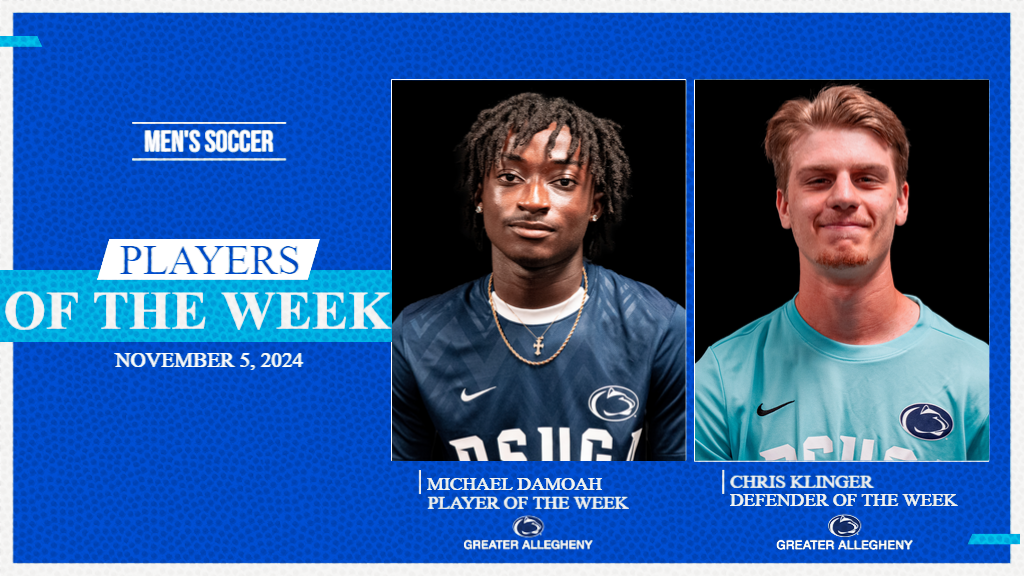 Penn State Greater Allegheny's Michael Damoah and Chris Klinger were named PSUAC Men's Soccer Players of the Week on November 5th, 2024.