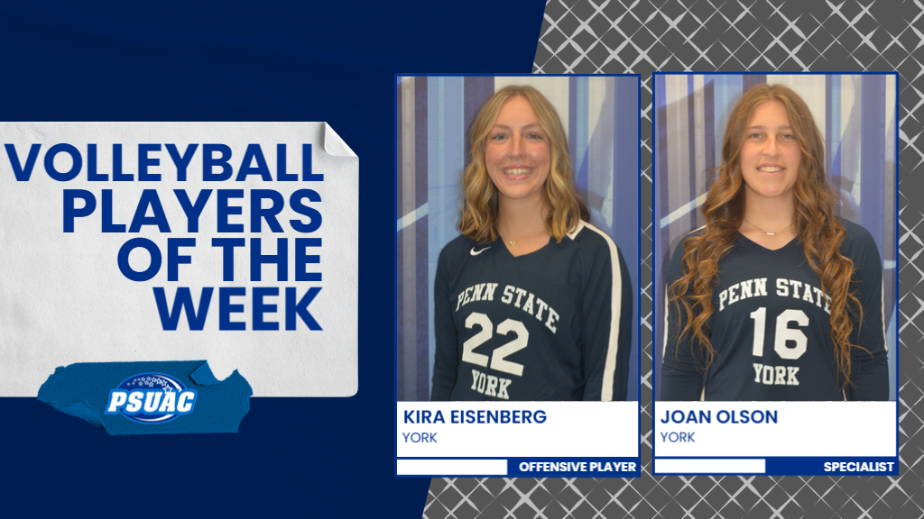 Penn State York captured the 2025 PSUAC Volleyball Championship last Tuesday, October 28th, helping two players earn Player of the Week honors. Kira Eisenberg (left) and Joan Olson were recognized for helping lead their team to its first ever title.