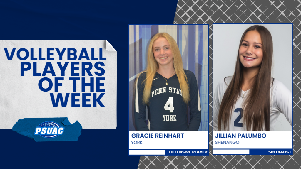 Penn State York's Gracie Reinhart (left) and Penn State Shenango's Jillian Palumbo were named the final PSUAC Volleyball Players of the Week of 2025 after their performances at the USCAA Volleyball National Championships last week.