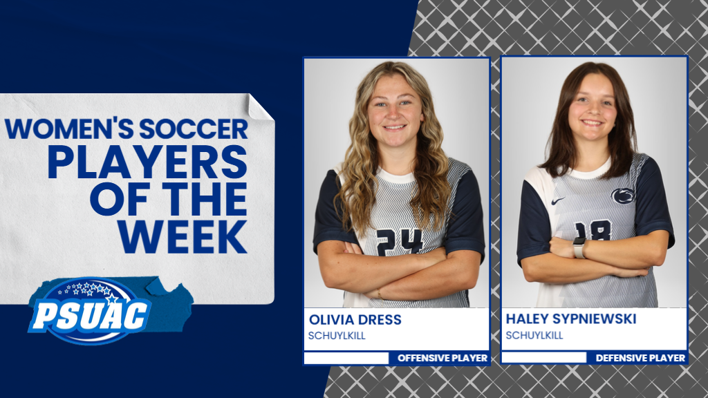 Penn State Schuylkill's Olivia Dress (left) and Haley Sypniewski helped their team sweep the PSUAC's women's soccer weekly awards for the week ending October 19, 2025.