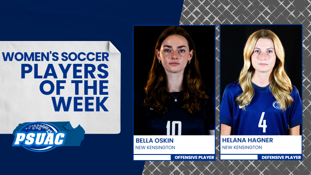 Penn State New Kensington women's soccer players Bella Oskin (left) and Helana Hagner were named PSUAC Players of the Week for the week ending October 12, 2025.