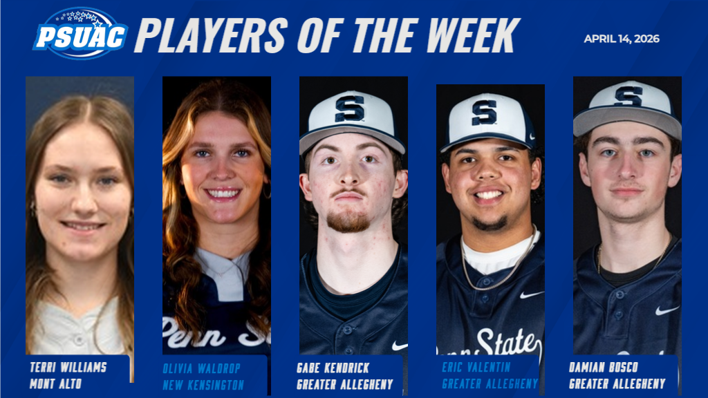 PSUAC Players of the Week for the week ending April 12, 2026 include, from left: Penn State Mont Alto's Terri Williams, Penn State New Kensington's Olivia Waldrop, Penn State Greater Allegheny's Gabe Kendrick, Eric Valentin and Damian Bosco.