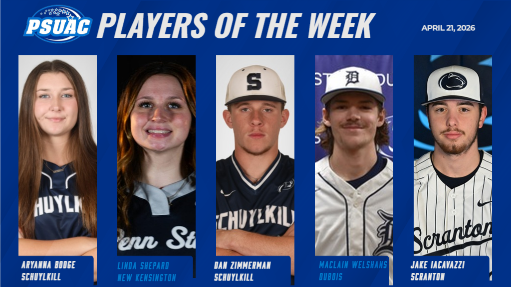 PSUAC Players of the Week for the week ending April 19, 2026 include, from left: Penn State Schuylkill's Aryanna Bodge, Penn State New Kensington's Linda Shepard, Schuylkill's Dan Zimmerman, Penn State DuBois' Maclain Welshans and Penn State Scranton's Jake Iacavazzi.