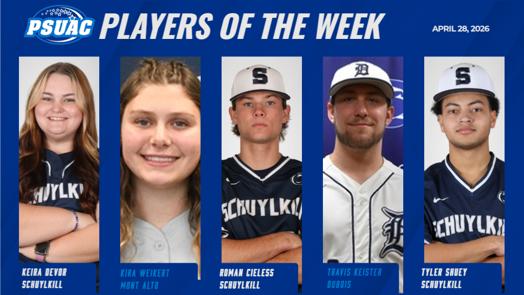 The PSUAC Players of the Week for the week ending April 26, 2026 include, from left, Penn State Schuylkill's Keira Devor, Penn State Mont Alto's Kira Weikert, Schuylkill's Roman Cieless, Penn State DuBois' Travis Keister, and Schuylkill's Tyler Shuey.