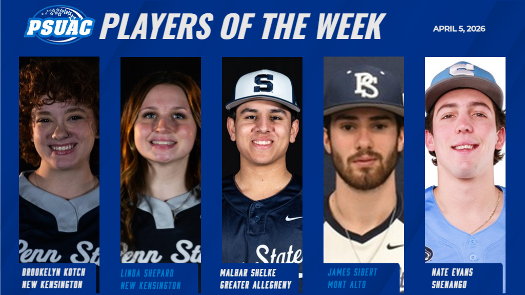 The PSUAC announced its Players of the Week for the week ending April 5, 2026. From left: Penn State New Kensington's Brookelyn Kotch, New Kensington's Linda Shepard, Penn State Greater Allegheny's Malhar Shelke, Penn State Mont Alto's James Sibert and Penn State Shenango's Nate Evans.