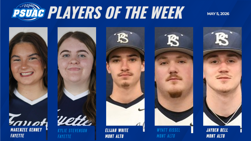 PSUAC Championship season has concluded with the end of the baseball and softball championship tournaments. This week's PSUAC Players of the Week represent the greatest performances from the weekend, including, from left: Penn State Fayette's Makenzee Kenney, Fayette's Kylie Stevenson, Penn State Mont Alto's Elijah White, Wyatt Kissel and Jayden Bell.
