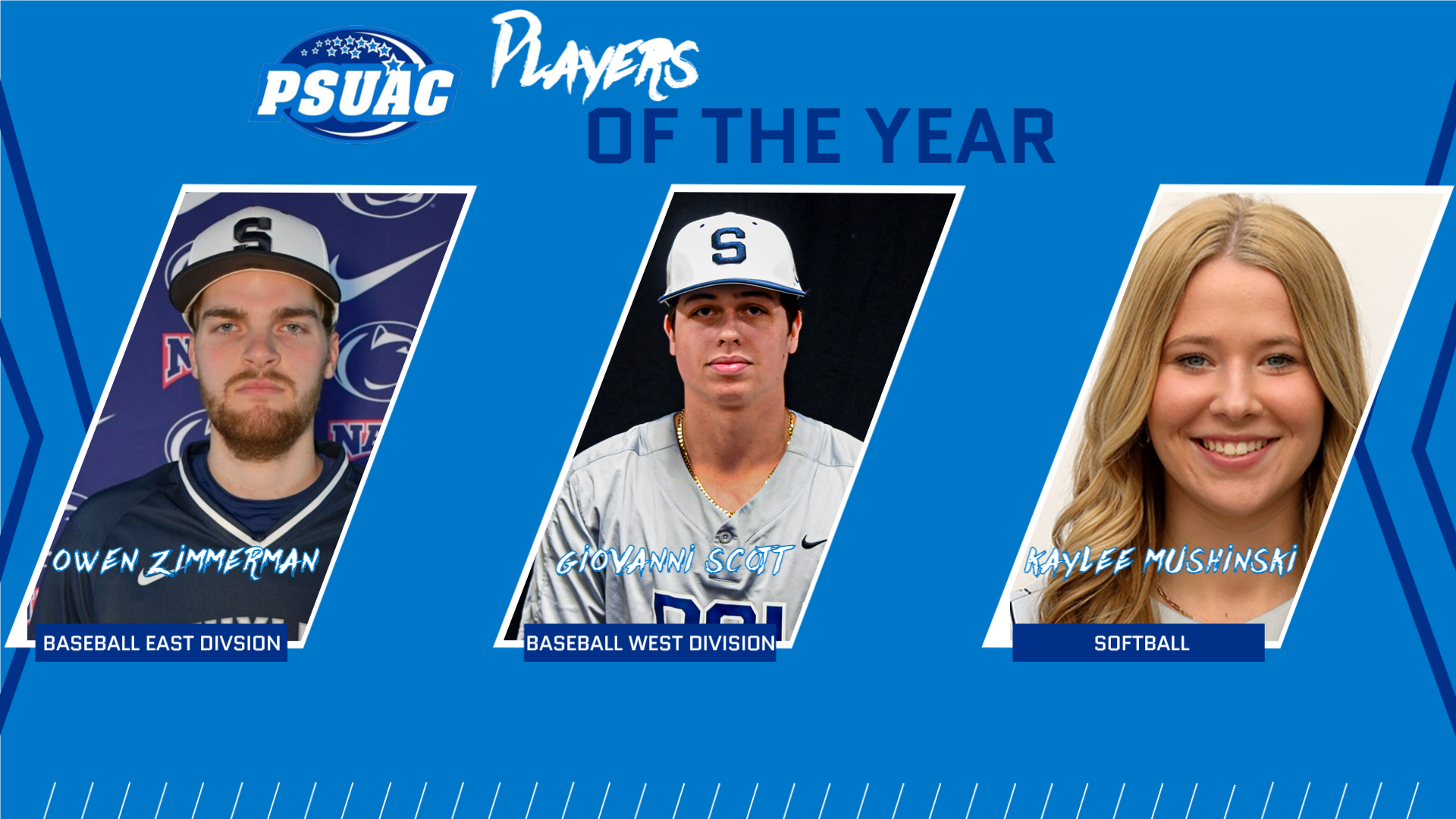 The PSUAC announced its 2024 Baseball and Softball All-Conference teams. Pictured, from left, are Players of the Year: Owen Zimmerman, Baseball East Division Player of the Year Penn State Schuylkill; Giovanni Scott, Baseball West Division Player of the Year from Penn State Greater Allegheny; and Kaylee Mushinski, Softball Player of the Year from Penn State Brandywine.