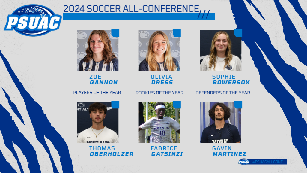Graphic displays the 2024 PSUAC Men's and Women's Soccer All-Conference specialty award winners, including Players of the Year Zoe Gannon and Thomas Oberholzer; Rookies of the Year Olivia Dress and Fabrice Gatsinzi; and Defenders of the Year Sophie Bowersox and Gavin Martinez.