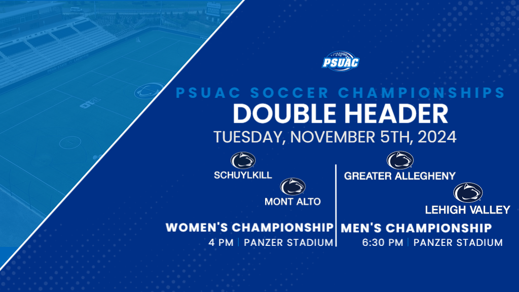 Graphic displaying participants of 2024 PSUAC Men's and Women's Soccer Championship matches.