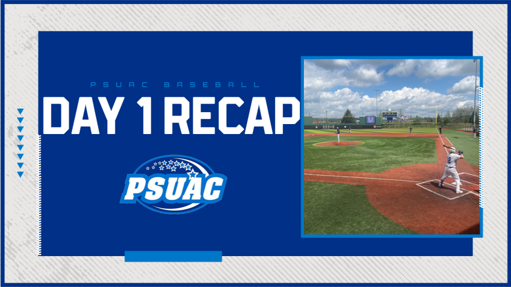 PSUAC Baseball Championship Tournament Day 1 Recap graphic.
