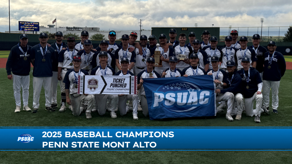 2025 PSUAC Baseball Champions Penn State Mont Alto (pictured) pose with the PSUAC banner and trophy.