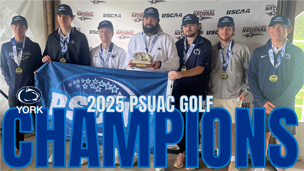 Penn State York's golf team won the 2025 PSUAC Golf Championship on October 14, 2025. The team is pictured with the PSUAC Lion Shrine trophy.