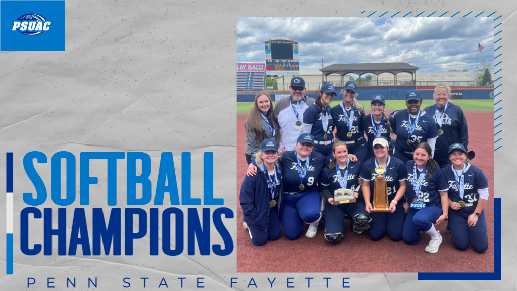 Penn State Fayette softball (pictured) hoists the 2026 PSUAC Softball Championship on Sunday, May 3rd at Heindl Field in DuBois, Pa.