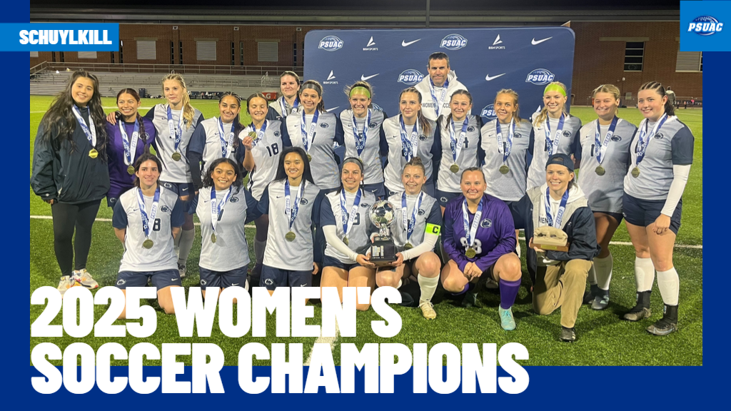 Penn State Schuylkill's women's soccer team poses with the PSUAC Championship trophy after repeating as champions with a 2-1 win over Penn State Mont Alto on Tuesday, November 4, 2025.