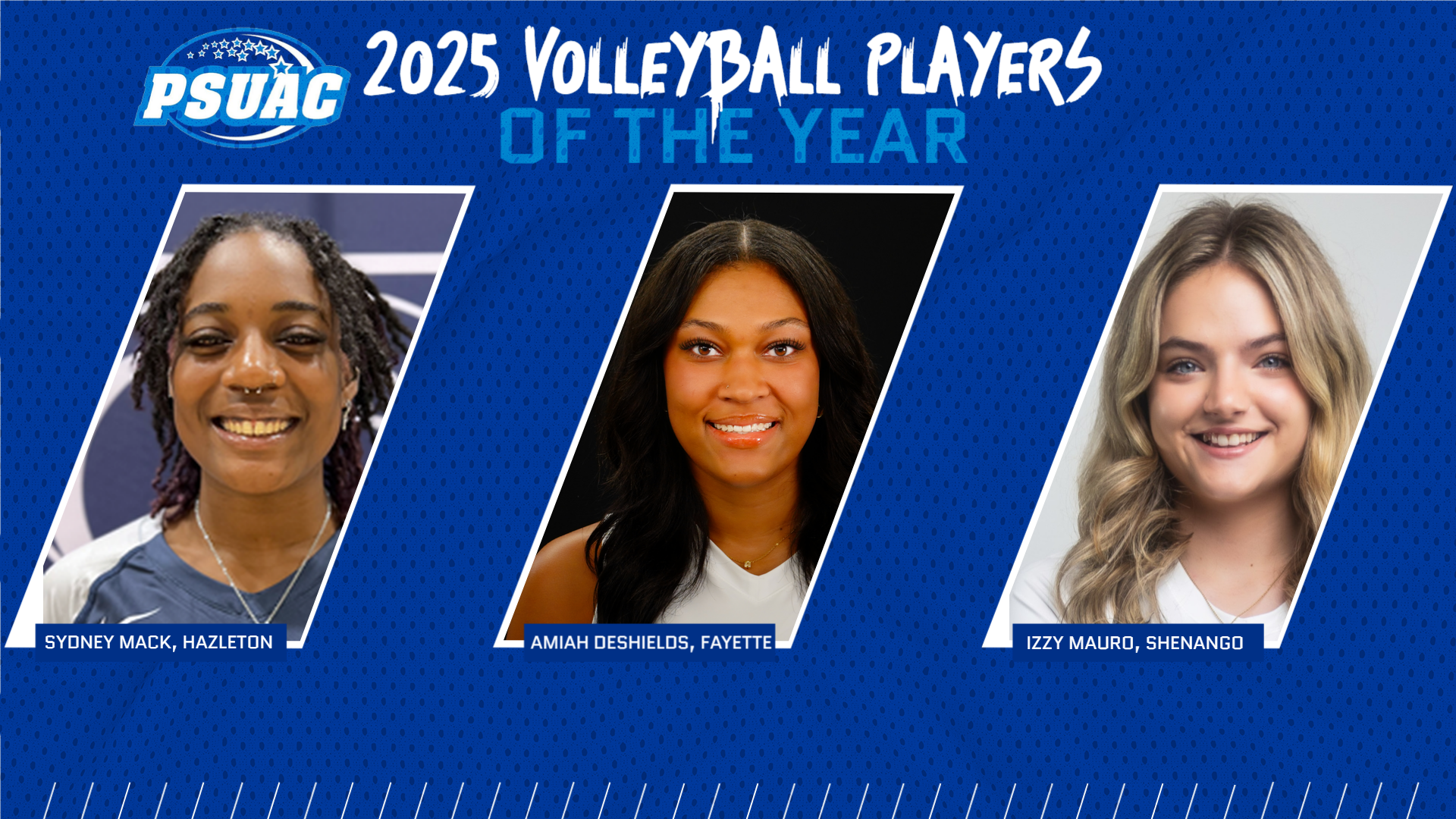 From left, Penn State Hazleton's Sydney Mack, Penn State Fayette's Amiah DeShields and Penn State Shenango's Izzy Mauro were named 2025 PSUAC Players of the Year for volleyball. Mack was the East Division Player of the Year while DeShields and Mauro were Co-Players of the Year in the West Division.
